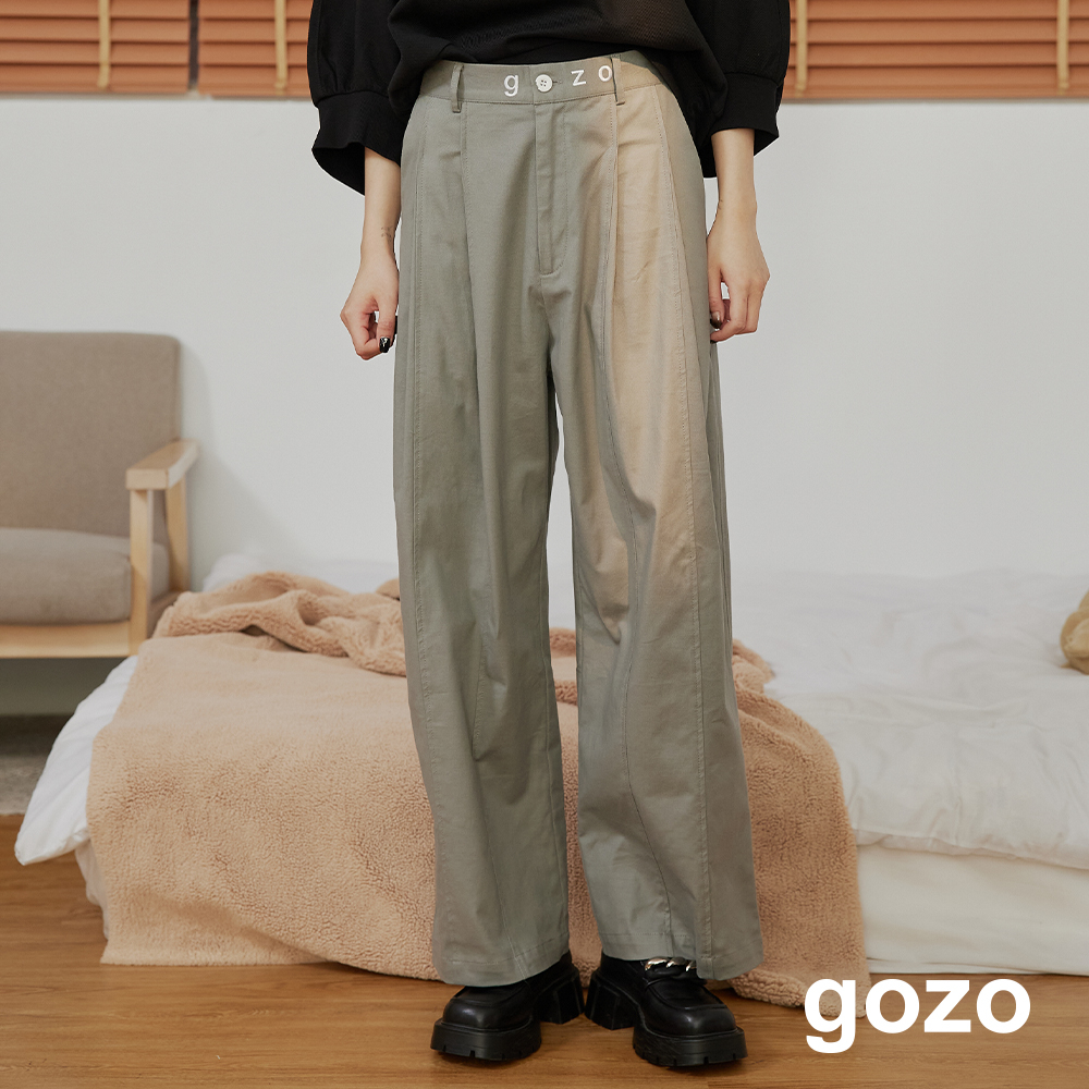 【gozo】gozo繡花寬腰頭打褶寬褲(灰色/綠色_M/L) | 女裝 修身 百搭