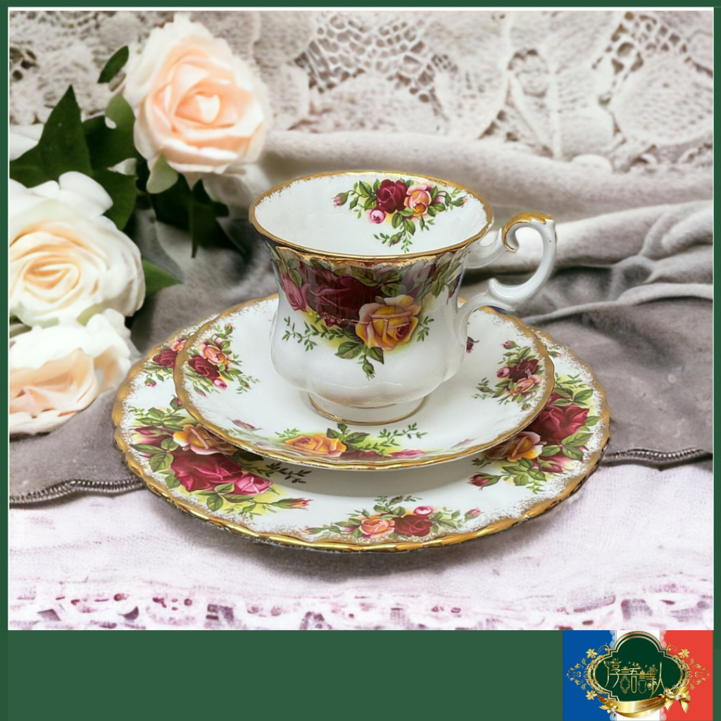 🌹淳語詩人西洋古物｜英國Royal Albert 22K金 鄉村玫瑰 -小咖啡杯盤組+點心盤（第一版商品）