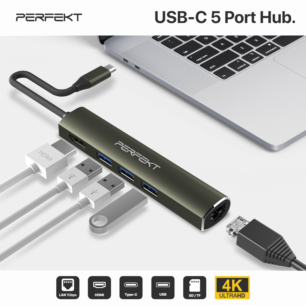 PERFEKT Type C Hub 5孔集線器 USB Hub Typec集線器 USB 擴充 適用 蘋果筆電 現貨