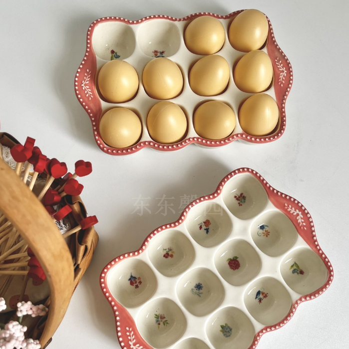 女人陶瓷創意雞蛋格收納盤 高顏值 冰箱12格蛋託盤子瑕疵