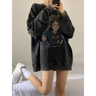 CHAOO 大學t 衛衣女 長袖衛衣女 美式復古衛衣 加絨衛衣 oversize 大學t 黑色大學t 水洗衛衣 長袖上衣