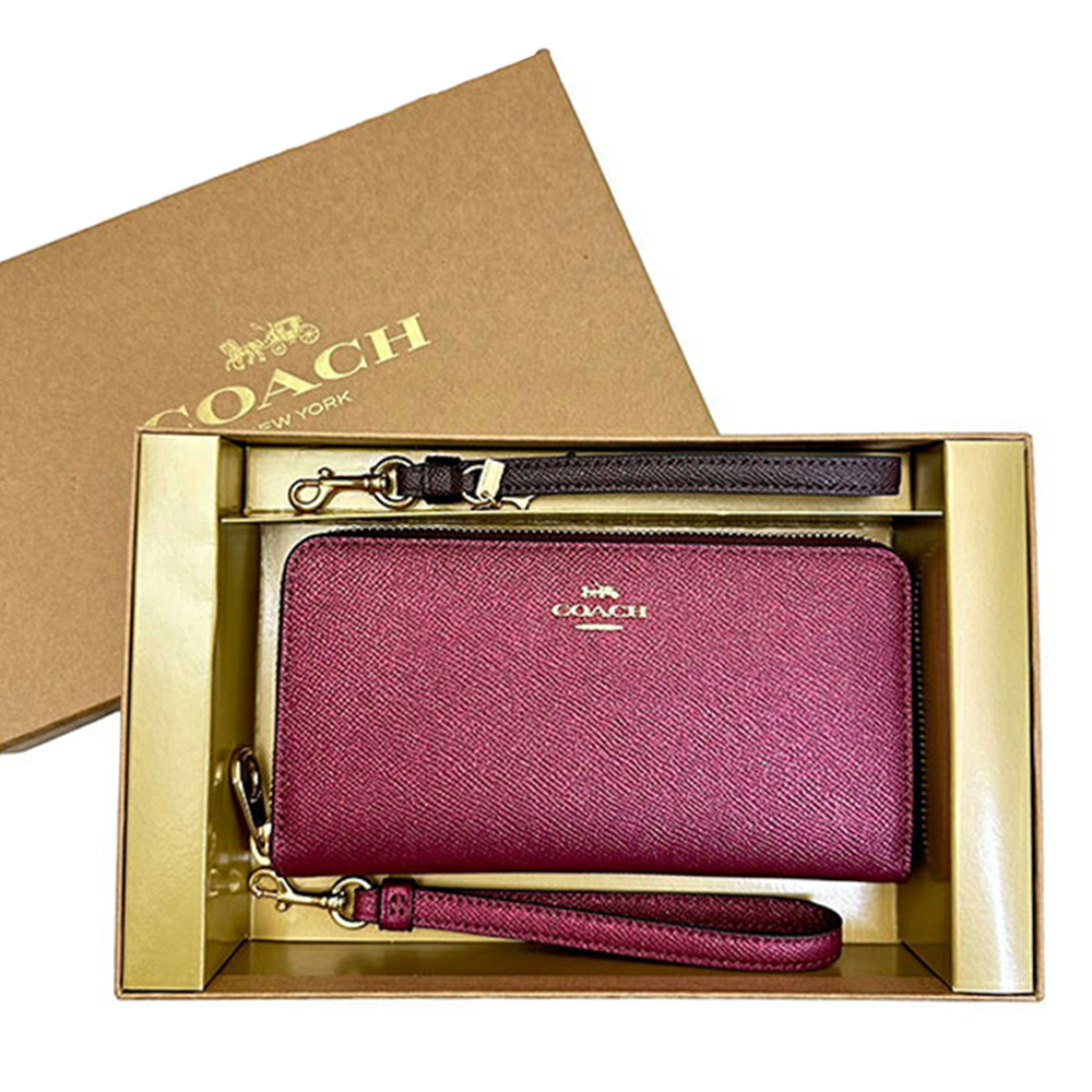 COACH 時尚素面皮革12卡拉鍊手拿包/長夾 雙提把禮盒組 亮粉紫色