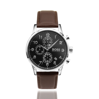 【HUGO BOSS】銀殼 黑面 棕色皮革錶帶 三眼計時腕錶(1513494)