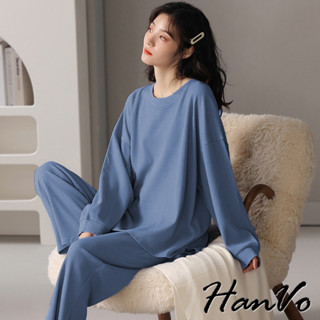 【HanVo】華夫格圓領長袖長褲居家睡衣 親膚寬鬆柔軟舒適休閒套裝 日常居家服 女生衣著 A08-5975