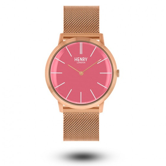 HENRY LONDON英國設計師品牌手錶-經典復古造型 / 珊瑚粉面/玫瑰金指針/不鏽鋼玫瑰金米蘭錶帶 40/34mm