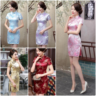 隔日快速出貨！氣質梅花短旗袍3XL-6XL加大尺碼復古中國風繡花綢緞時尚改良中式短款洋裝-多色可選-水水女人國