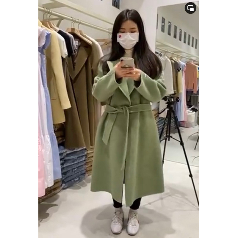 全新韓國製 長版綠色羊毛綁帶大衣 正韓貨 韓國連線 韓國代購 正韓外套 正韓 羊毛大衣 大衣外套