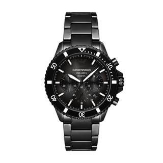 【EMPORIO ARMANI】Diver 摩登暗黑三眼手錶 黑色陶瓷錶帶 AR70010 43mm 現代鐘錶