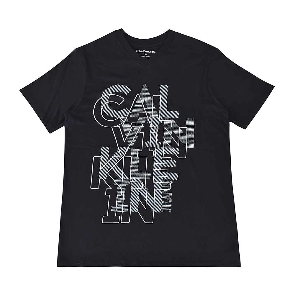 CK Calvin Klein經典燙印字母LOGO造型V領短袖T恤(男款/黑)