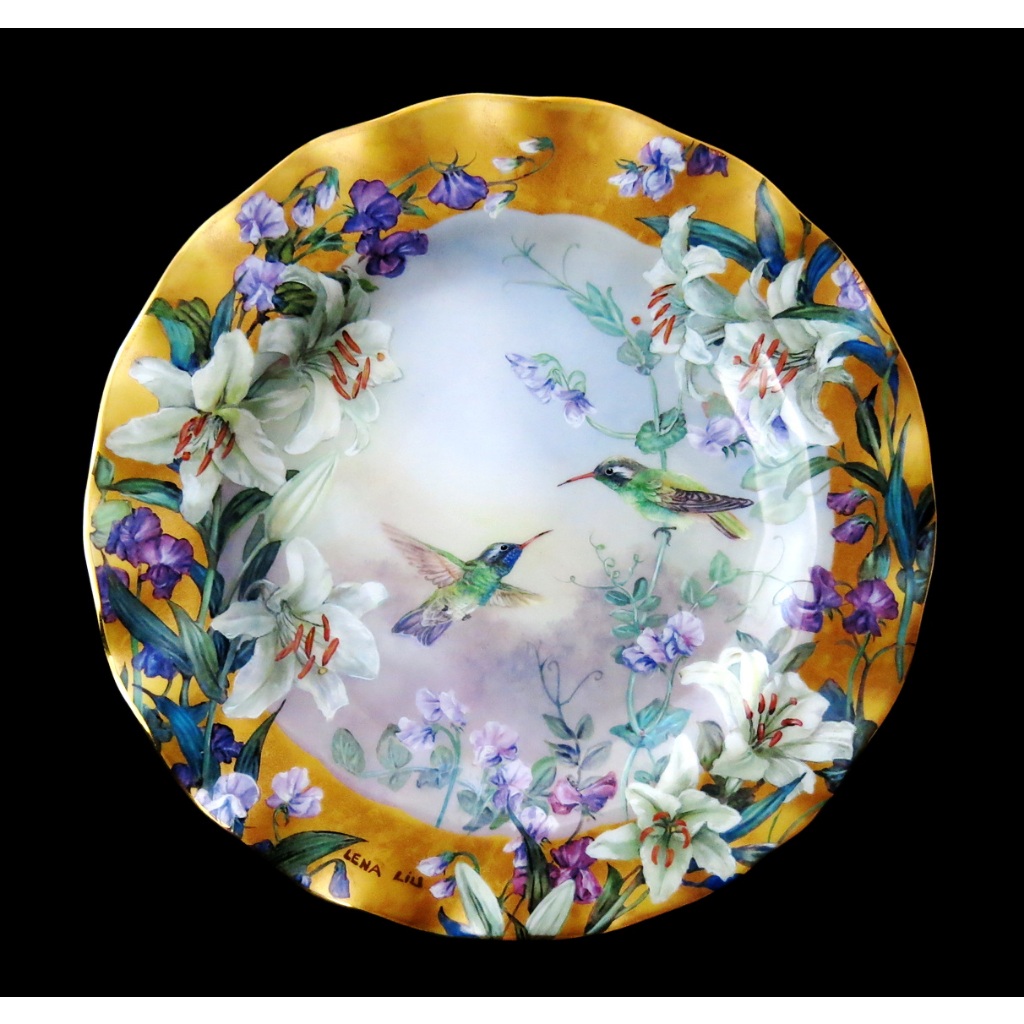 美國W S George 藝術家 Lena Liu 劉莉娜Garder of Glouy限量花卉蜂鳥重金瓷盤-D