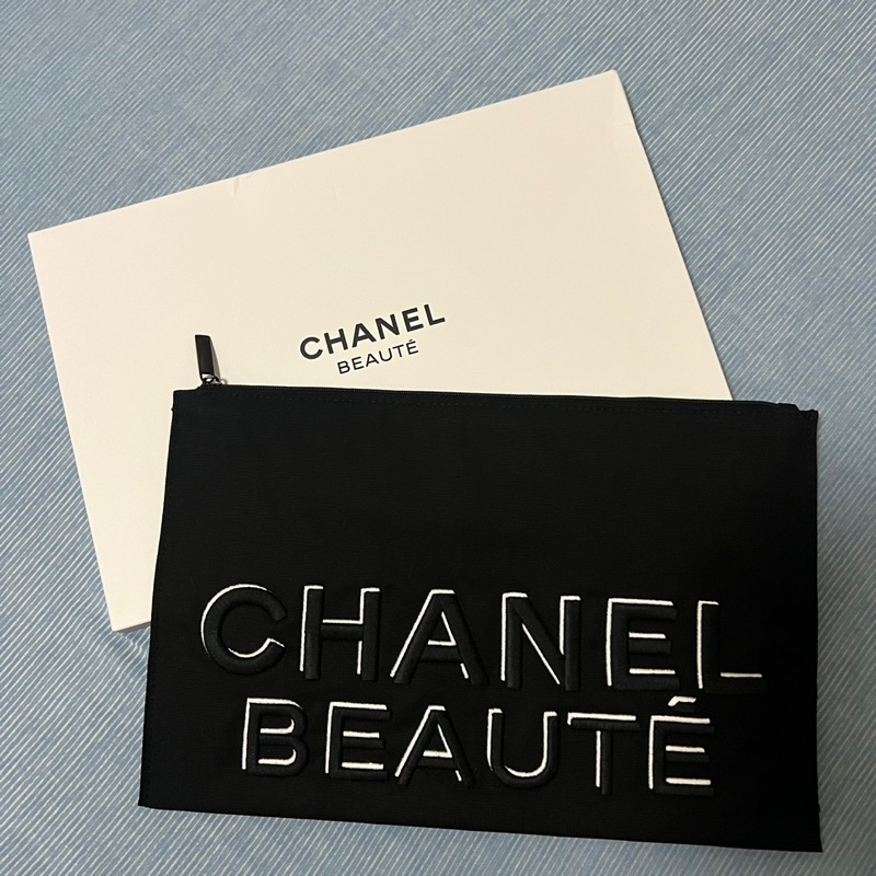 全新Chanel香奈兒 刺繡logo 精緻黑色大容量化妝包/收納包 VIP贈品