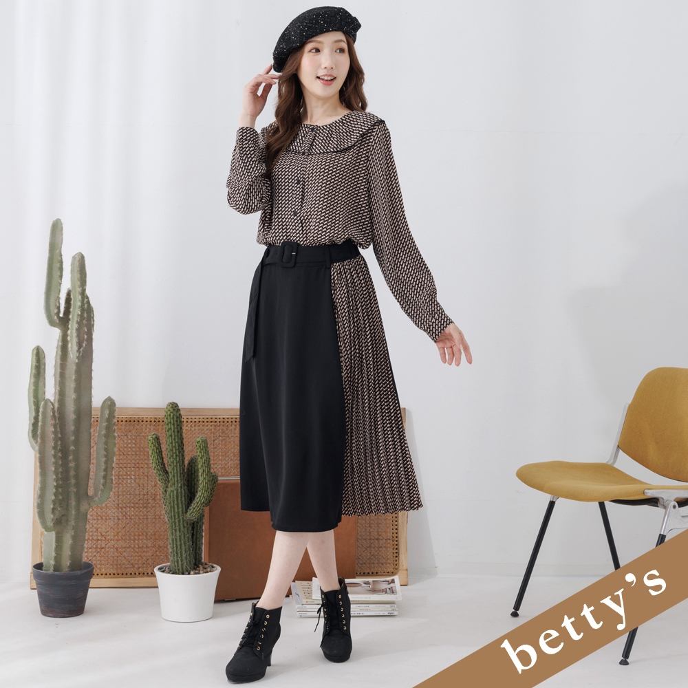betty’s貝蒂思(25)腰鬆緊腰帶側邊撞色拼接長裙(黑色)