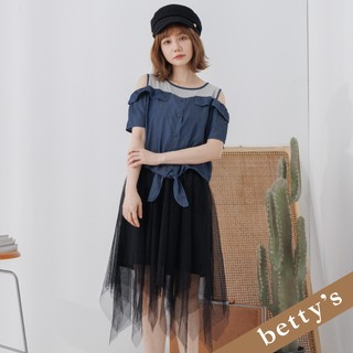 betty’s貝蒂思(25)假兩件露肩撞色不規則下擺洋裝(黑色)