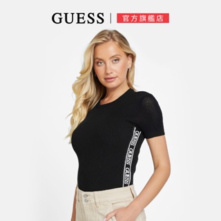 【GUESS】ECO系列 性感貼身滾邊LOGO短T-黑