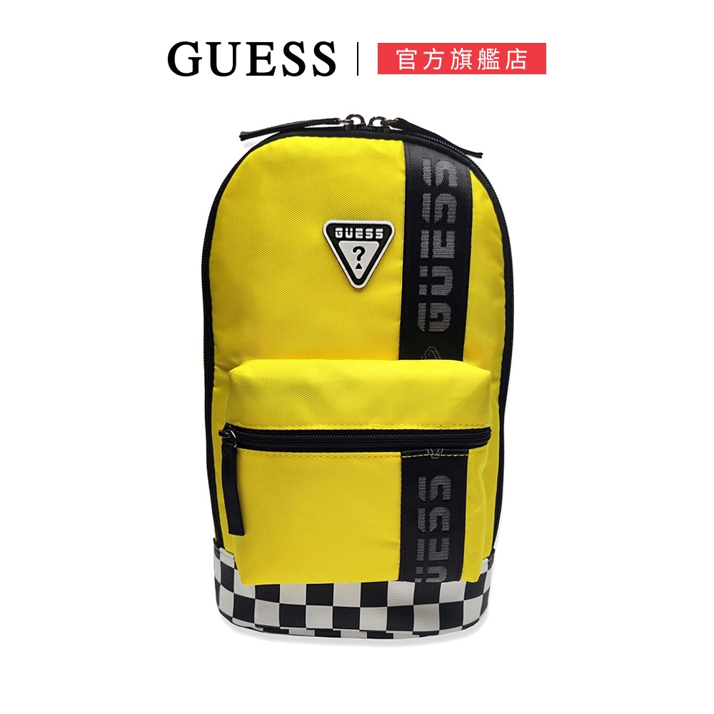 【GUESS】方格造型撞色線條後背包-黃