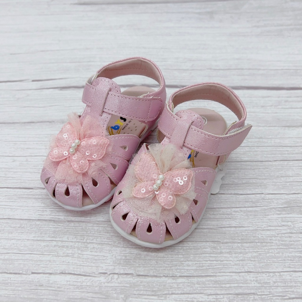 ［出清品］《布布童鞋》蕾絲蝴蝶粉色真皮寶寶涼鞋(13.5公分)