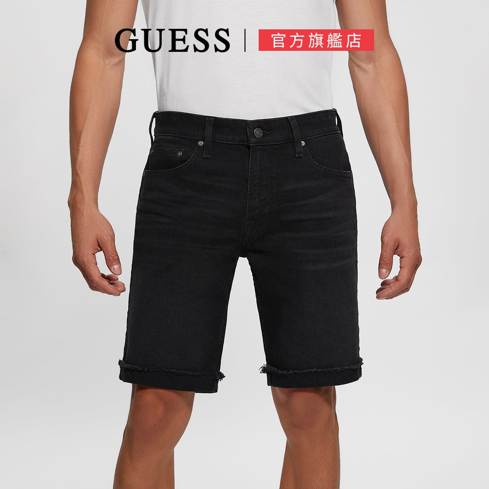 【GUESS】ECO系列 刷色反摺合身牛仔短褲-黑
