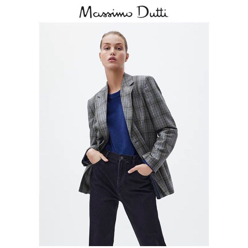 Massimo Dutti女裝 現貨純羊毛格紋通勤風灰藍色西裝外套34