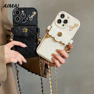 高階質感山茶花卡包皮質手機殼適用 iPhone15 14 11 12 13 Pro Max i12 15Pro 保護殼