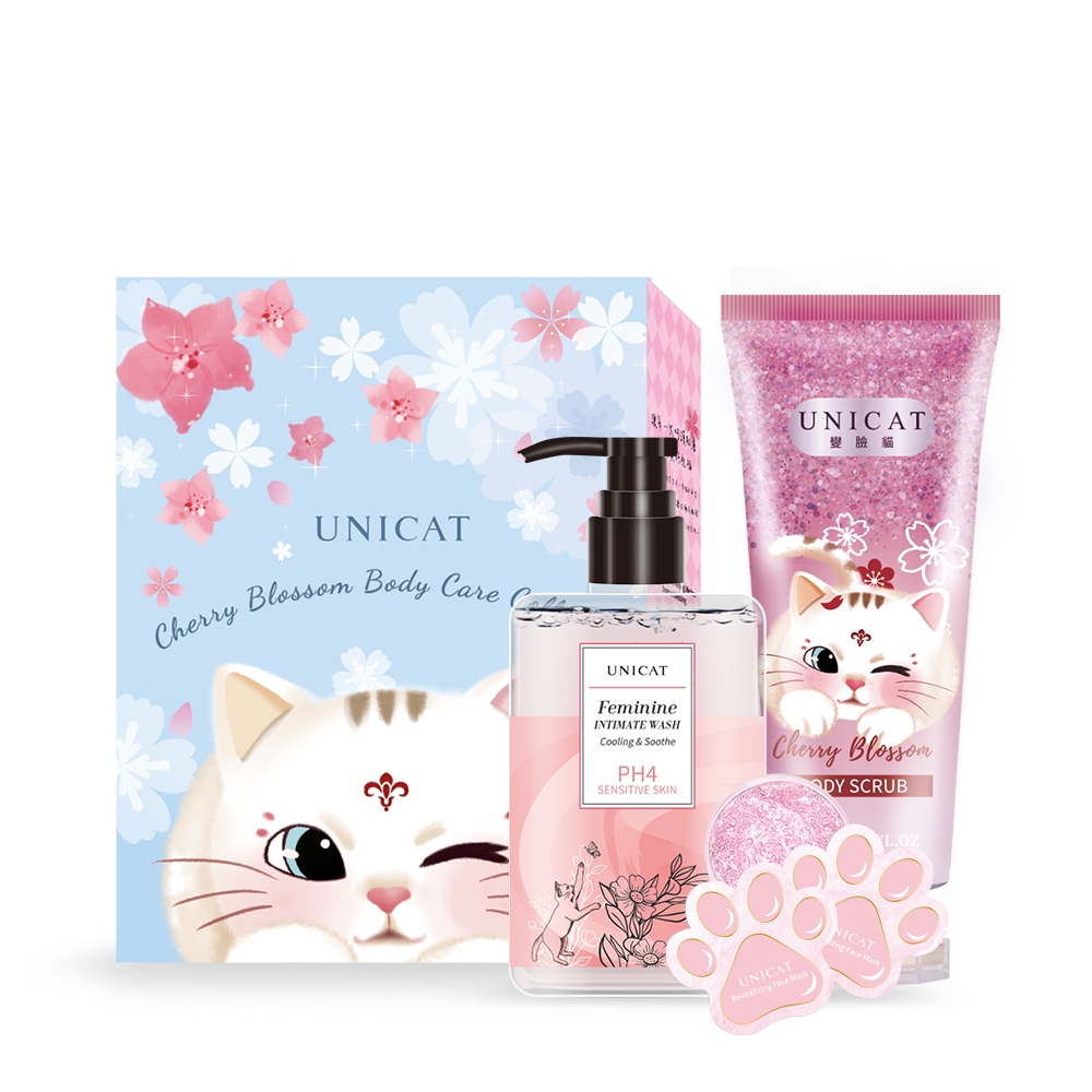 UNICAT 日本櫻花沐浴禮盒 4件組【私密潔淨露 1入 磨砂沐浴露 1入 貓掌保濕凍膜 5g 2入】現貨