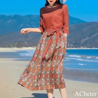ACheter 橘咖棉麻拼接碎花圓領七分袖連身裙棉麻復古印花系帶顯瘦長版洋裝117744