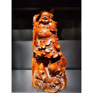早期大型紅豆杉木雕出清-布袋彌勒佛木雕#35（70公分）（木雕/藝術/古董/擺件/收藏/展示/佛像/神像/元寶/布袋)