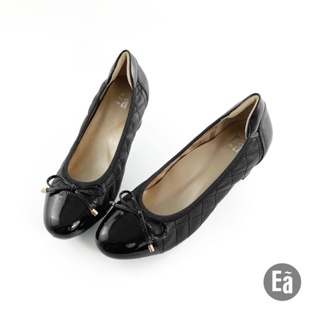 Ea專櫃女鞋 零碼鞋38、39碼 真皮菱格紋小蝴蝶結5.3cm圓頭高跟鞋(黑)9655