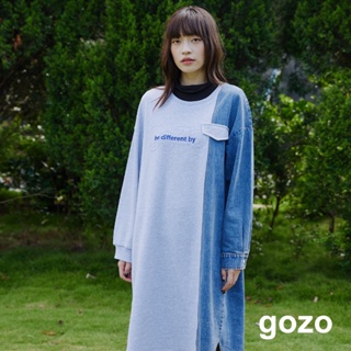 【gozo】牛仔拼接針織口袋長洋裝(灰色/黑色_F) | 女裝 修身 休閒