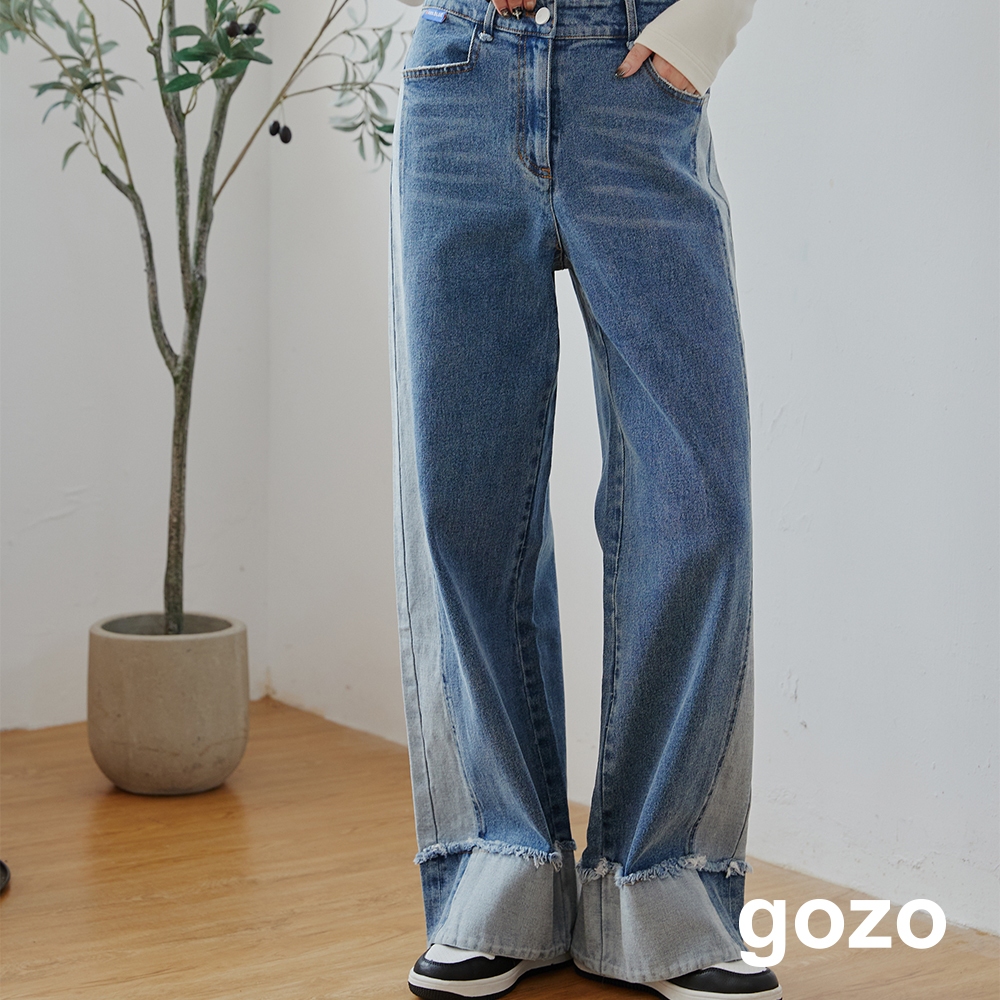 【gozo】雙色拼接反折牛仔寬褲(藍色/深藍_M/L) | 女裝 修身 百搭 牛仔褲 落地褲 顯瘦 褲子 長褲