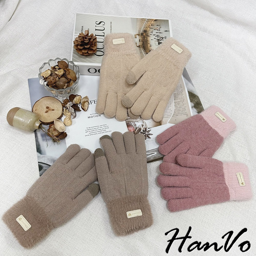 【HanVo】冬季針織小熊標籤加厚手套 保暖系列雙層觸控手套 保暖禦寒 機車族必備 女生配件 8070