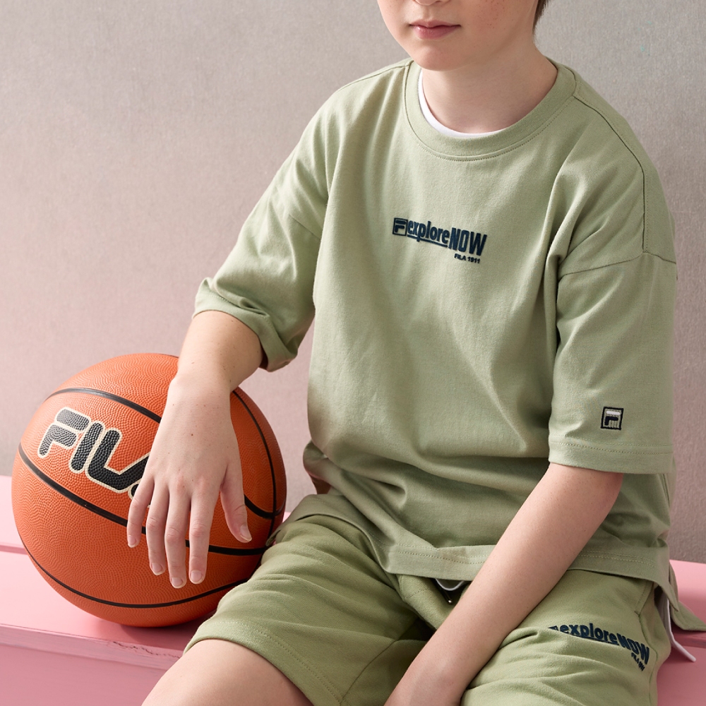 【FILA】KIDS 孩童款 短袖圓領上衣-灰綠 1TEW-8449-GN