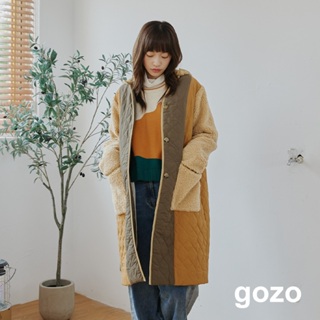 【gozo】可拆式毛毛帽 拼接 鋪棉外套(卡其/深綠_F) | 女裝 修身 保暖 保暖外套 冬天外套 大衣 保暖大衣