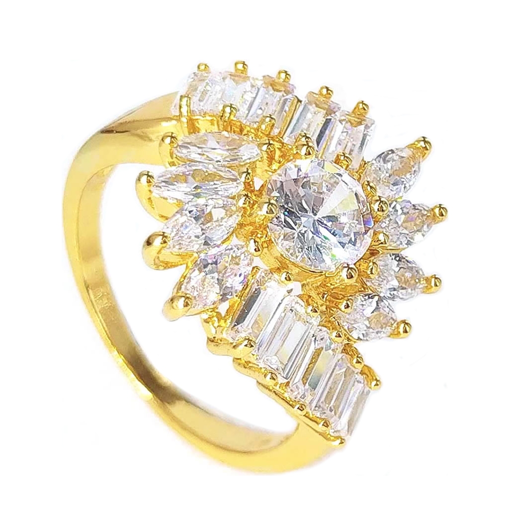 太陽之眼閃亮鑽石 黃金戒指 鍍24K金 白色鑽戒 仿金戒/防退色 水鑽華麗 韓系飾品 艾豆 H4360