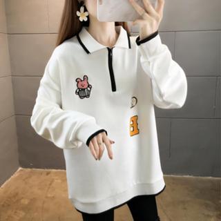 胖胖美依 上衣 長袖T卹 學院風 M-2XL新款牛奶絲複合寬鬆Polo領加厚加絨衛衣女上衣TCF02-f6159.