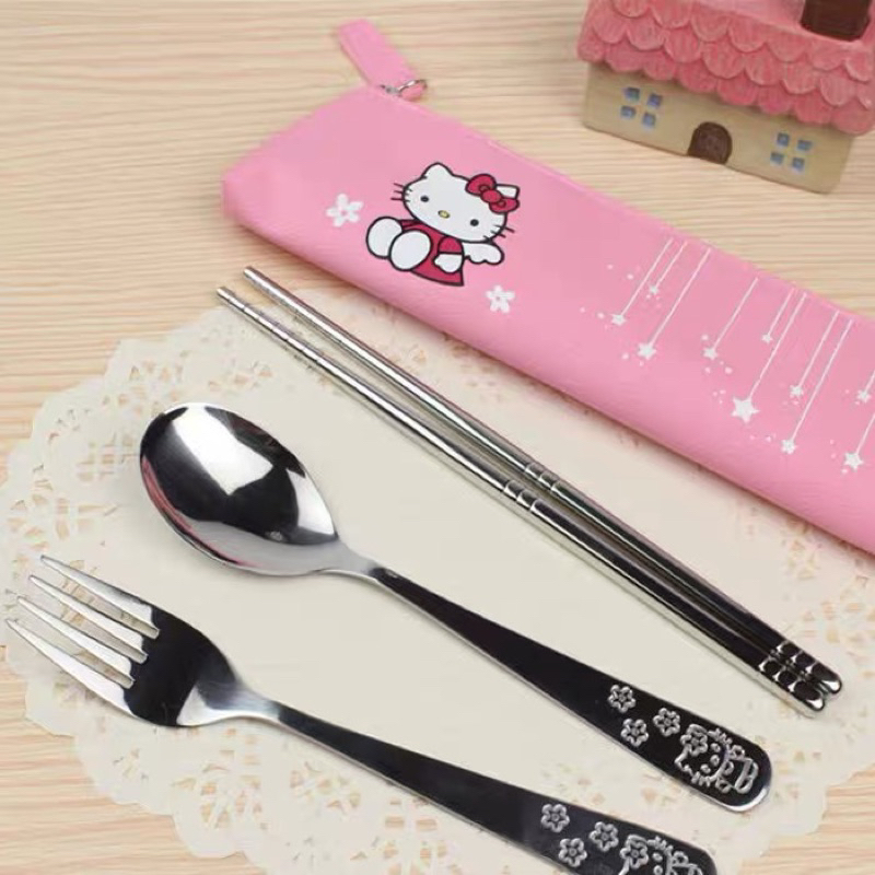 現貨🍴HELLＯ ＫITTY 304不鏽鋼3件式餐具組-送PU餐具袋