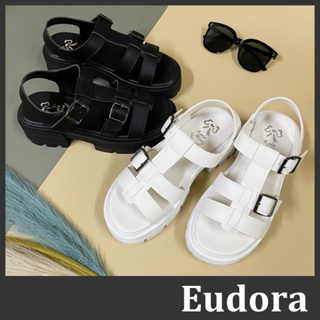 【Eudora】MIT台灣製 羅馬厚底涼鞋 馬丁涼鞋 羅馬鞋 馬汀 低跟涼鞋 厚底鞋 皮革鏤空方釦 低根厚底鋸齒底 涼鞋