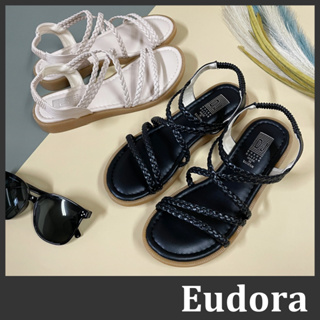 【Eudora】MIT台灣製 編織平底涼鞋 細帶涼鞋 平底涼鞋 鬆緊帶涼鞋 皮革細帶編織 平底軟底氣墊 涼鞋 低根涼鞋