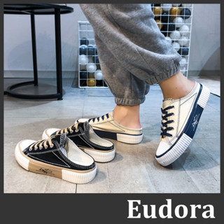 【Eudora】餅乾帆布鞋 半拖鞋 懶人鞋 布鞋 帆布鞋 餅乾鞋 樂福鞋 撞色帆布綁帶 平底鞋 前包後空 半拖 休閒鞋