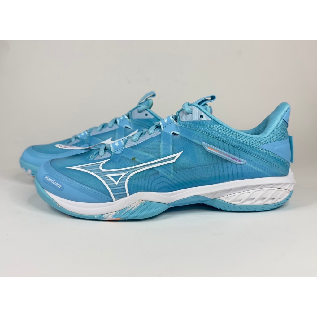 B品特價 MIZUNO 美津濃 WAVE CLAW NEO 2 寬楦羽球鞋 白x橘x天藍 71GA227011 26.0