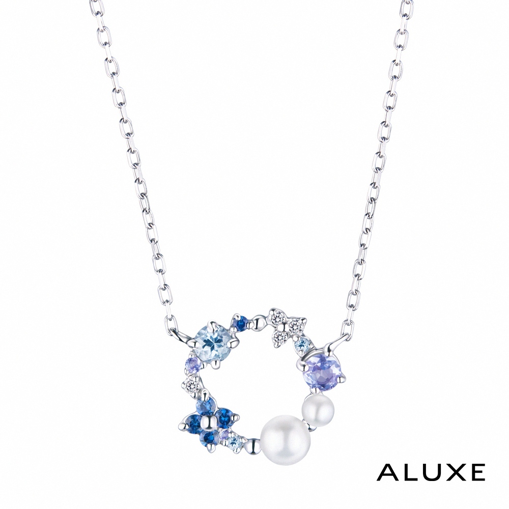 ALUXE 亞立詩 天然淡水珍珠 藍寶 托帕石 10K金 珍珠項鍊 湛藍花圈 NN0212