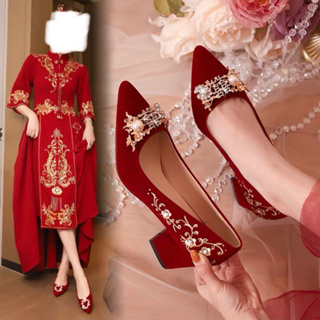 中式婚鞋 粗跟刺繡尖頭囍字 酒紅
