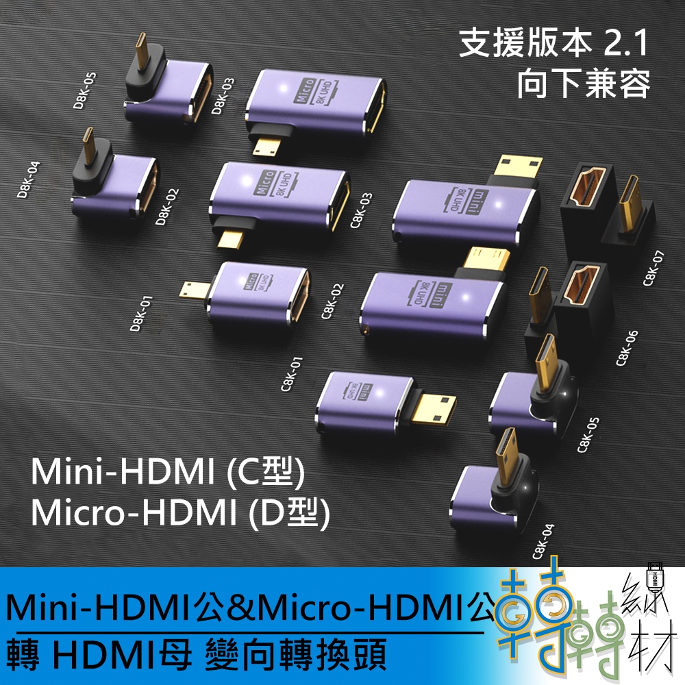 Mini-HDMI公 &amp; Micro-HDMI公 轉 HDMI母 變向轉換頭// 8k 4K 2.1版 數位相機輸出