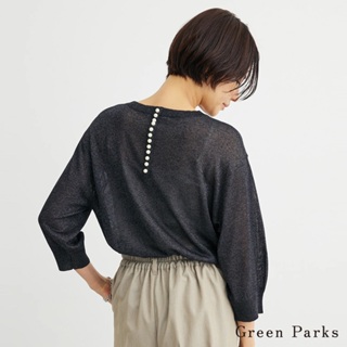 Green Parks 後領珍珠裝飾透膚七分袖薄針織上衣(6P33L2C0200)