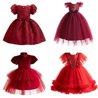 【Cherry】兒童連衣裙新款中國風婚禮旗袍立領禮服女童公主裙紅色絲絨童裙聖誕紅