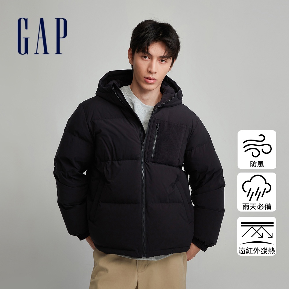 Gap 男裝 Logo防風防雨連帽羽絨外套-黑色(720840)