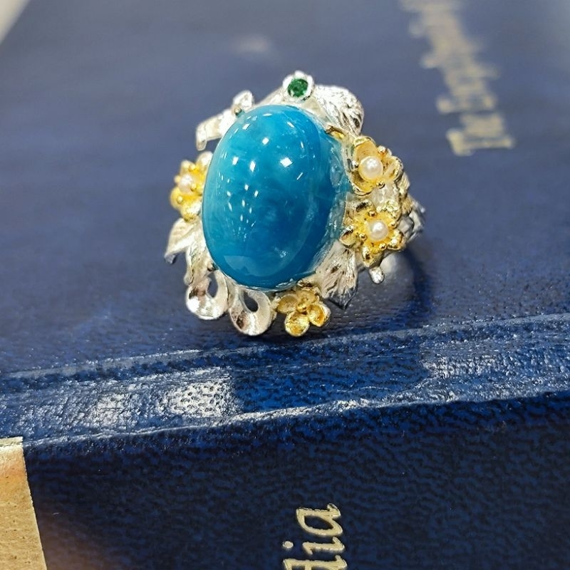 超大顆🇬🇧 英國帶回英國Harrods天然藍磷灰寶石水晶碧璽磷輝石925純銀花葉戒指手鐲手環