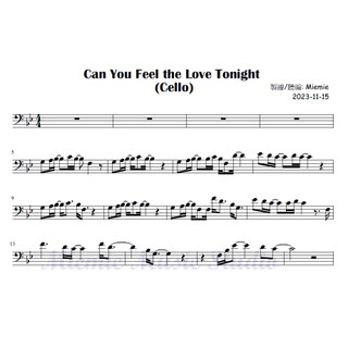 (大提琴譜/樂譜) 獅子王主題曲Can feel the love tonight / Cello Sheets