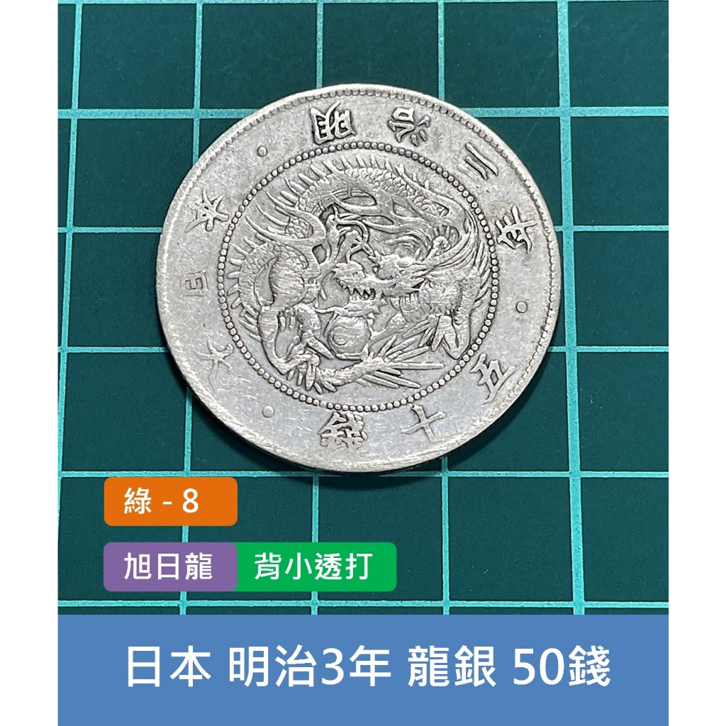 亞洲 日本 1870年(明治3年) 日本龍銀 旭日龍 50錢銀幣-背面小透打、老銀元 (綠8)
