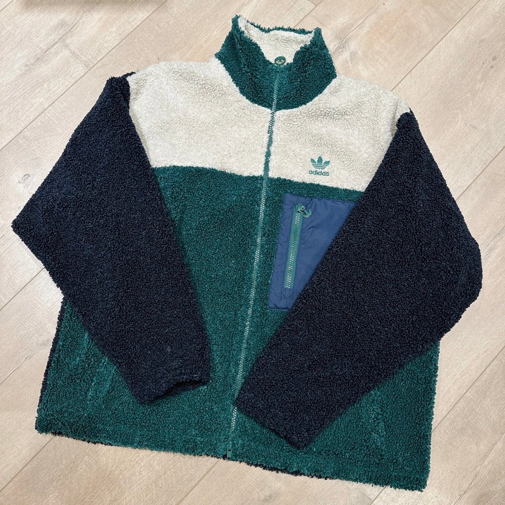 二手 Adidas Short Sherpa 復古藍綠配色 愛迪達羔羊毛拼接外套 女 GL6407 運動外套 高羊毛外套