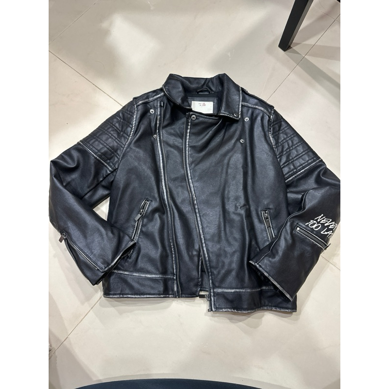 Zara Boys 搖滾風 仿舊合成皮質鋪棉外套 騎士外套 biker leather jacket size 10